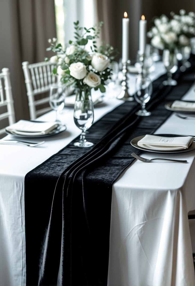 Wedding table with black velvet runners over white linen tablecloths, decorated with flowers, candles, and silverware.