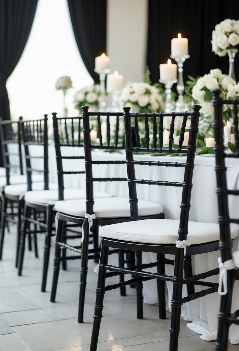 Black Chiavari chairs with white cushions arranged in a wedding setting with black and white decorations.