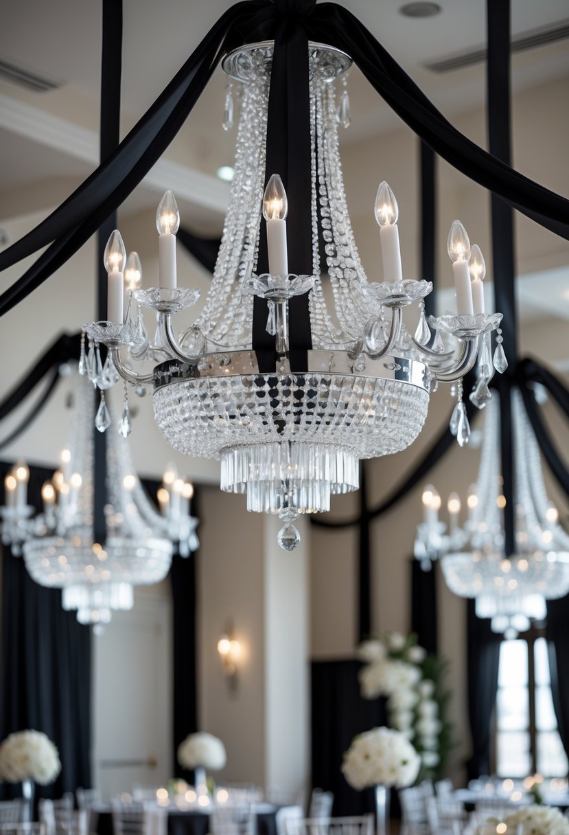 Indoor wedding reception with crystal chandeliers decorated with black ribbons and black and white wedding decorations.