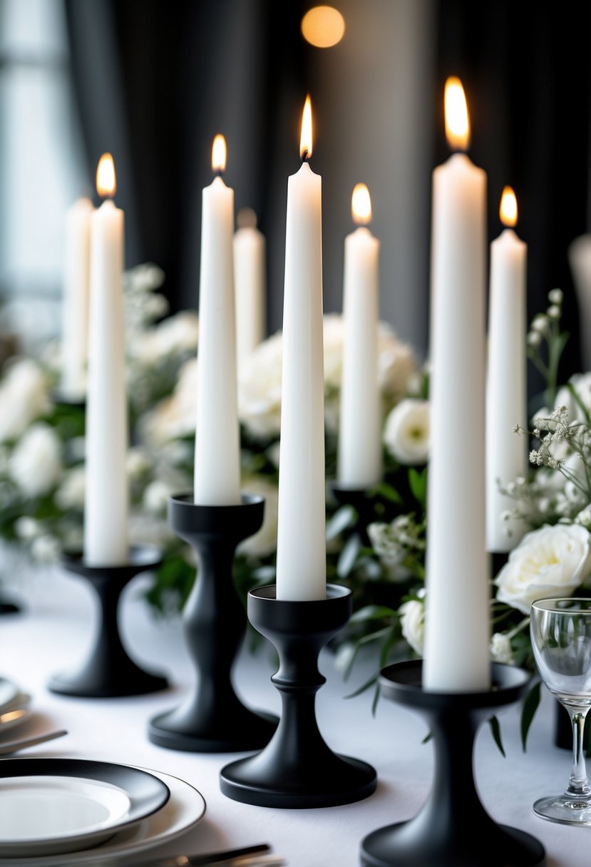 White taper candles in black candle holders arranged on a table as part of wedding decor.