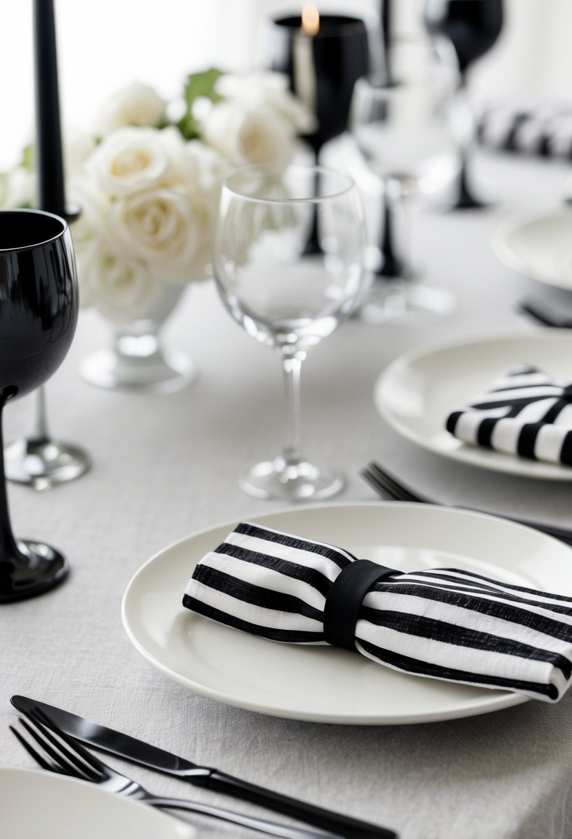A wedding table setting with white plates and black and white striped napkins arranged neatly.