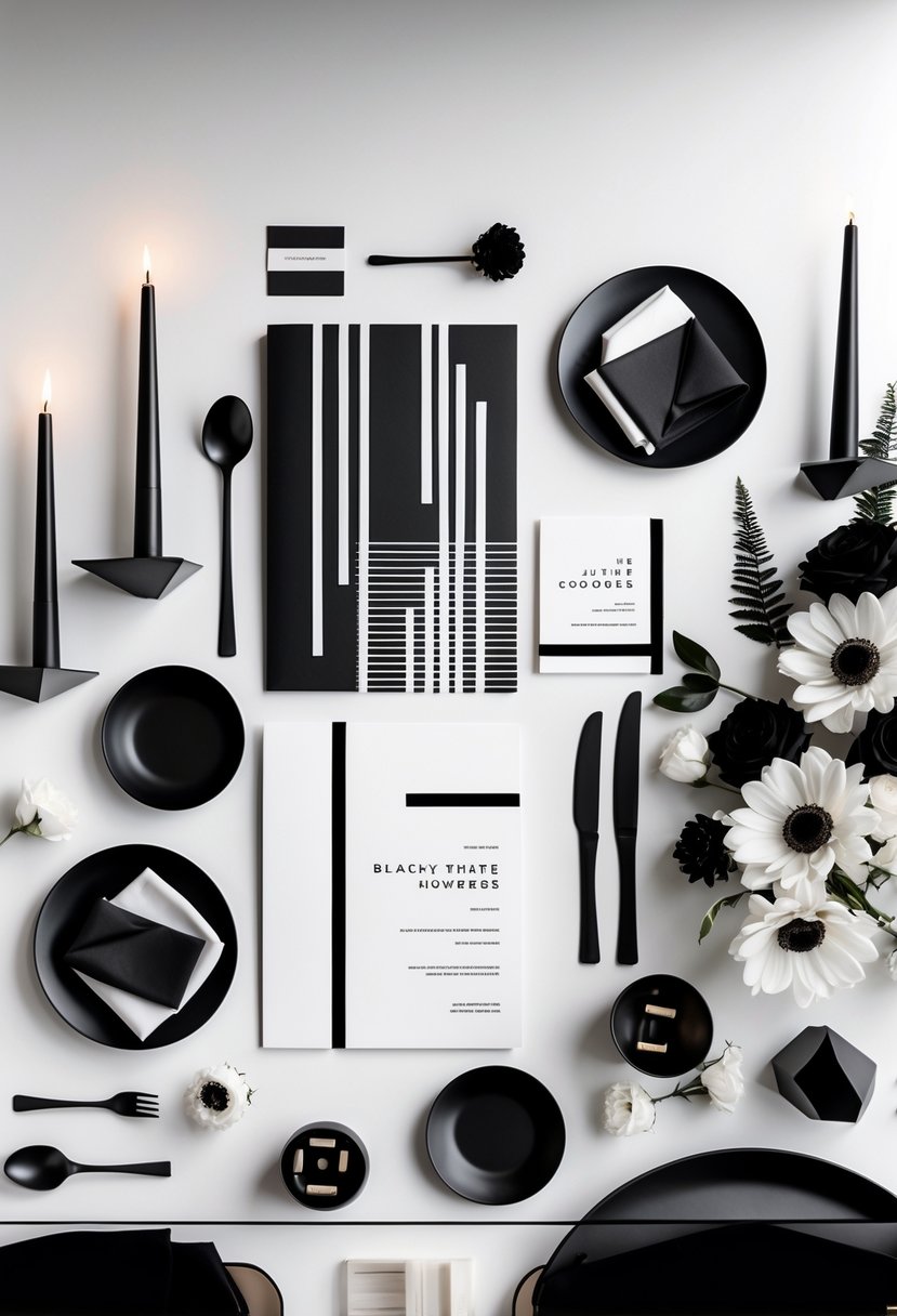 A collection of black and white wedding invitations and matching decor items arranged on a white surface.