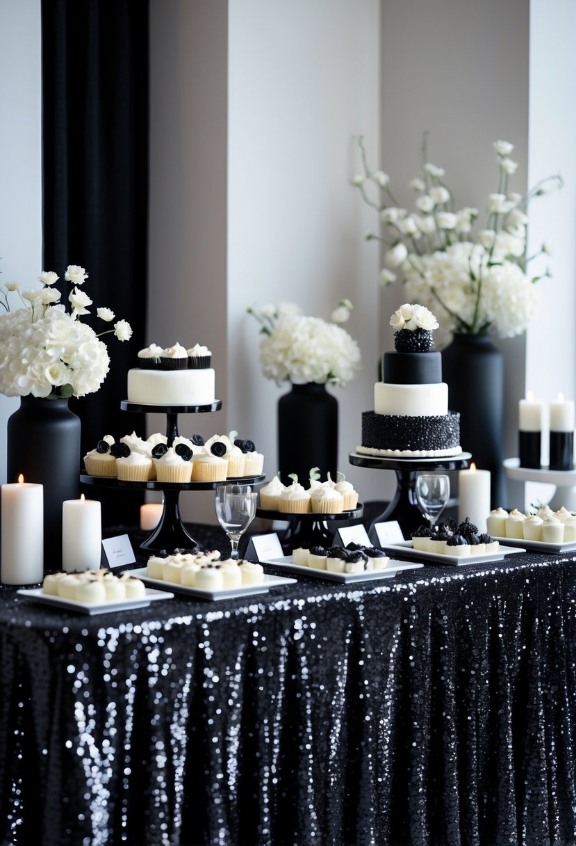 A wedding dessert table with a black sequin tablecloth, white flowers, and an assortment of black and white desserts arranged neatly.
