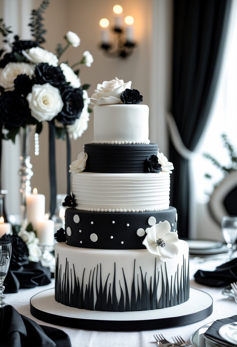 Layered black and white wedding cakes with detailed fondant decorations surrounded by matching black and white wedding decor.