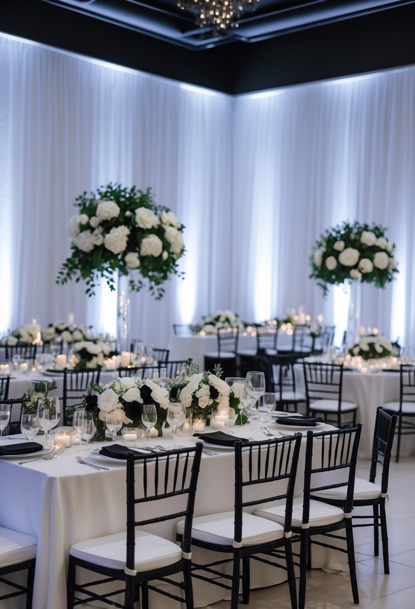 Wedding reception area with white drapery walls and black uplighting, featuring black and white wedding decorations and table settings.