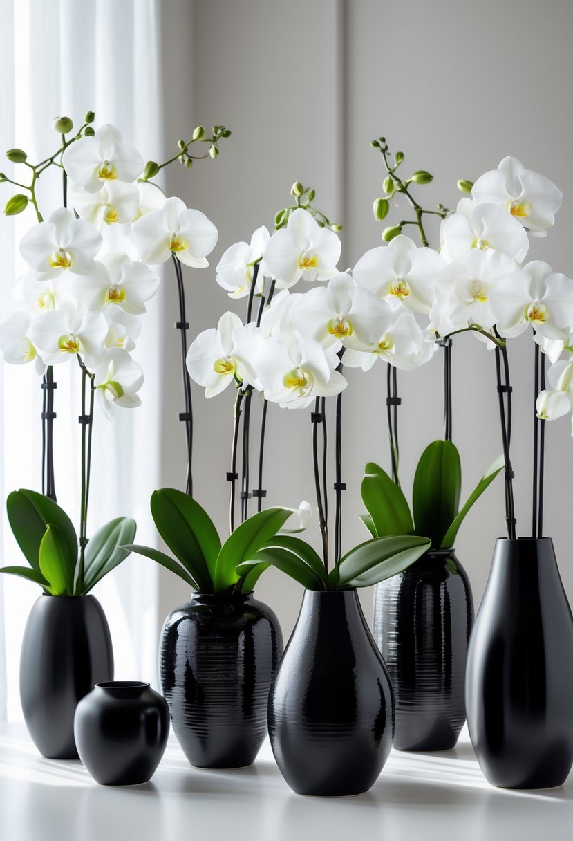 Black lacquered and matte vases filled with white orchids arranged on a white surface.