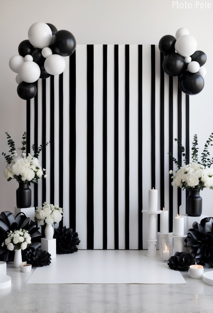 A wedding photo booth backdrop with black and white stripes and polka dots surrounded by various wedding decorations.