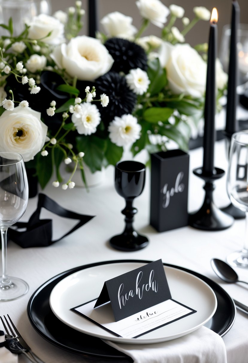 A wedding table setup with black place cards featuring white calligraphy, surrounded by black and white floral arrangements, candles, and tableware.