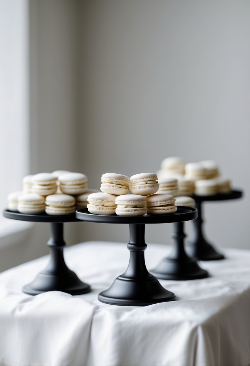 Black dessert stands holding white macarons arranged on a table with black and white wedding decorations.