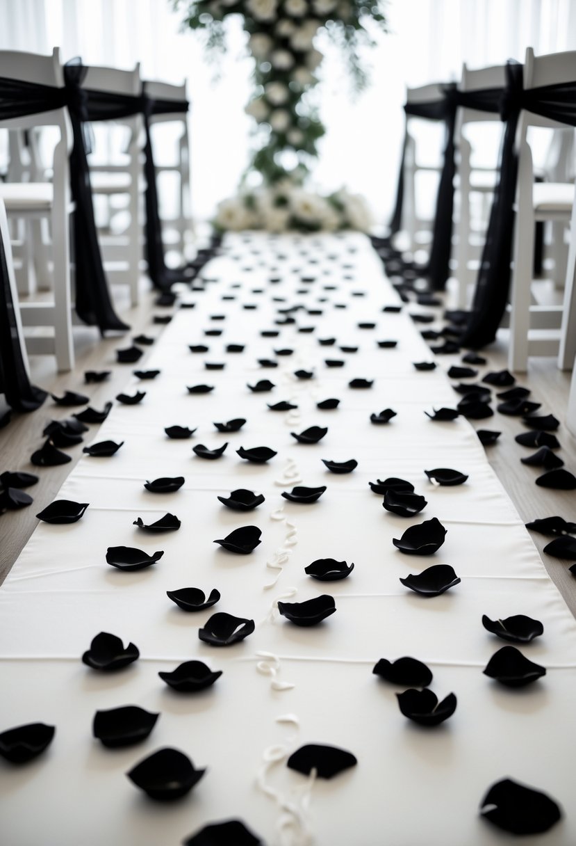 White wedding aisle runner with scattered black rose petals on the floor.