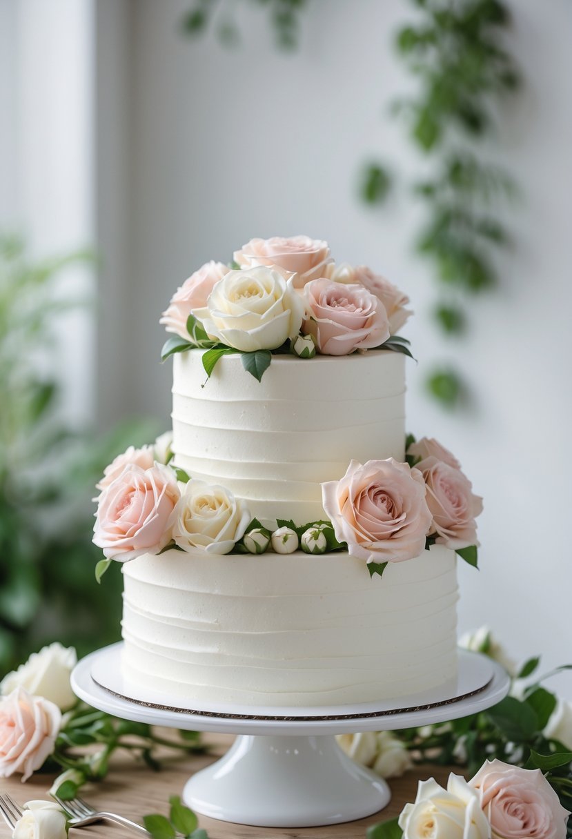 Two-tier wedding cake with white buttercream frosting decorated with pink and cream garden roses on a wooden table.