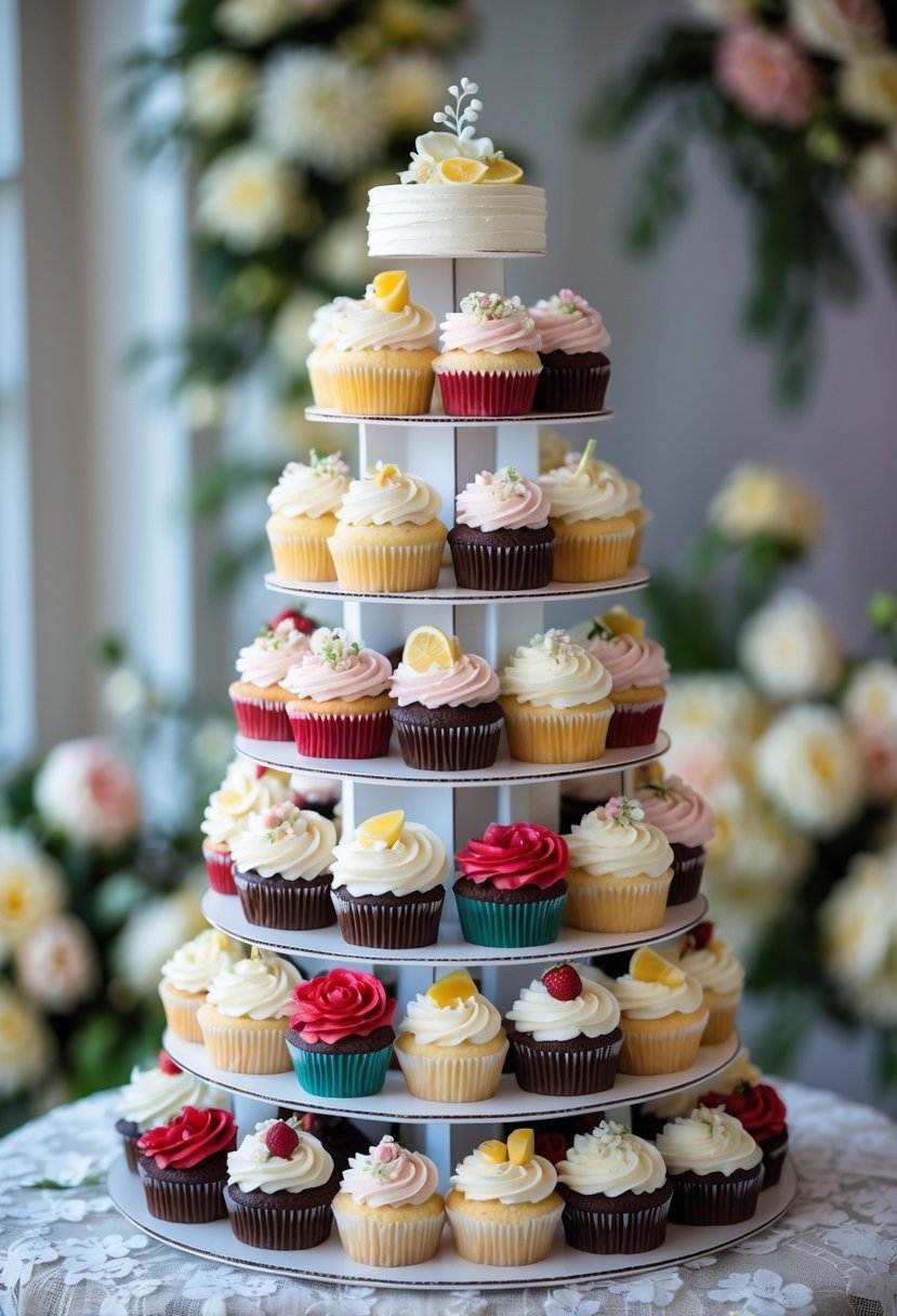 A multi-tiered cupcake tower with assorted flavored cupcakes decorated with frosting and small toppings, displayed on a table at a wedding reception.
