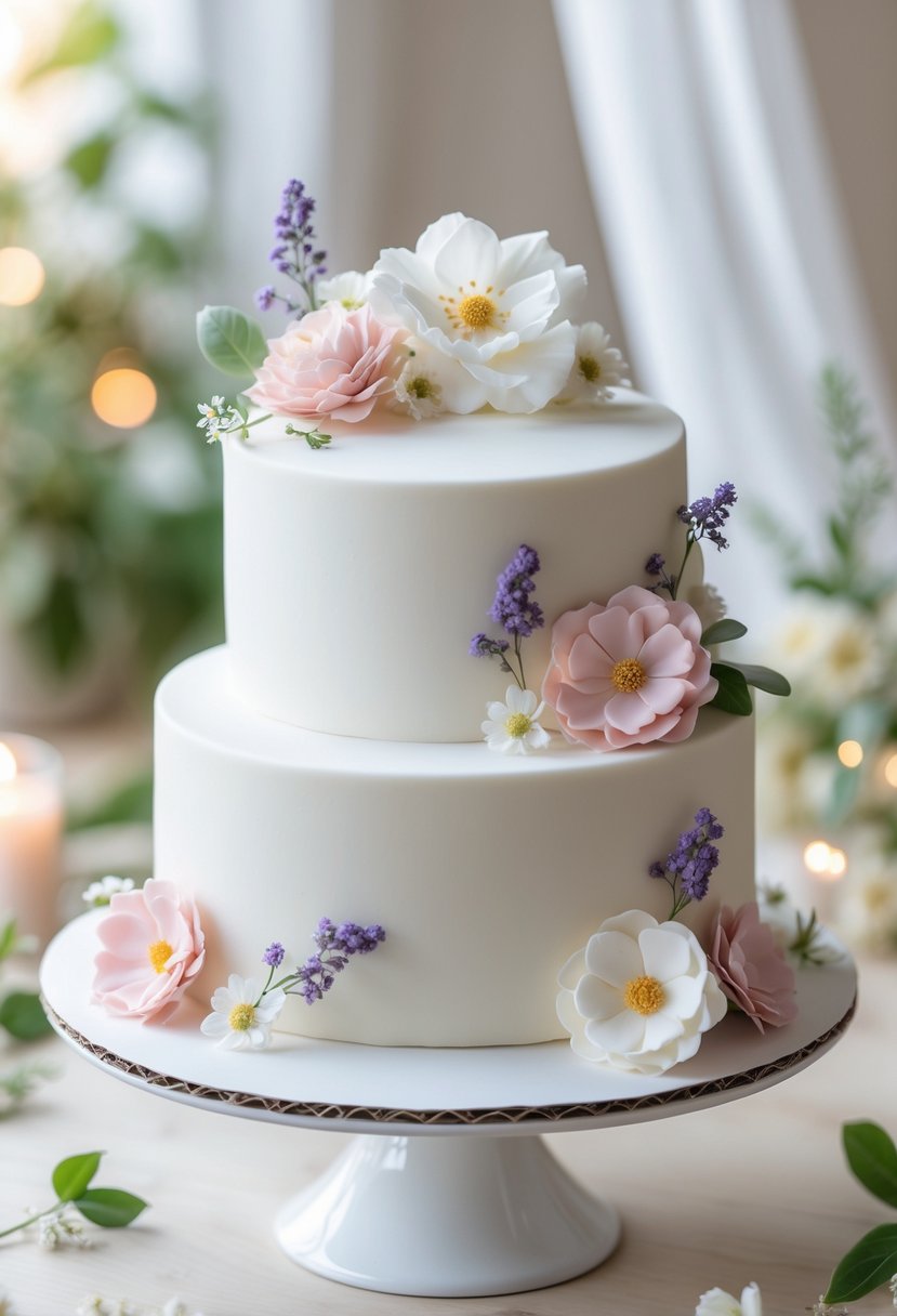 A single-tier white fondant cake decorated with pastel edible flowers on a white cake stand.
