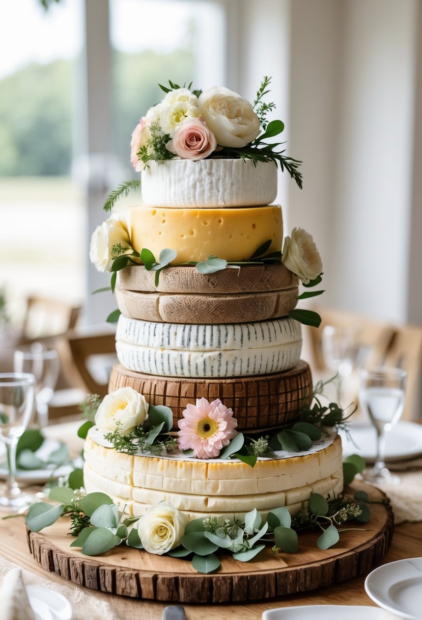 A tiered cheese wheel cake decorated with flowers and greenery on a wooden table with wedding decorations.