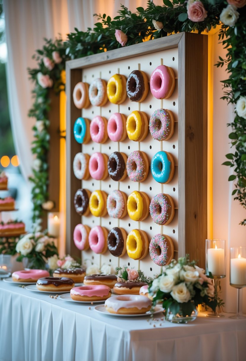 A wedding dessert table featuring a wooden donut wall display with various colorful donuts and floral decorations.