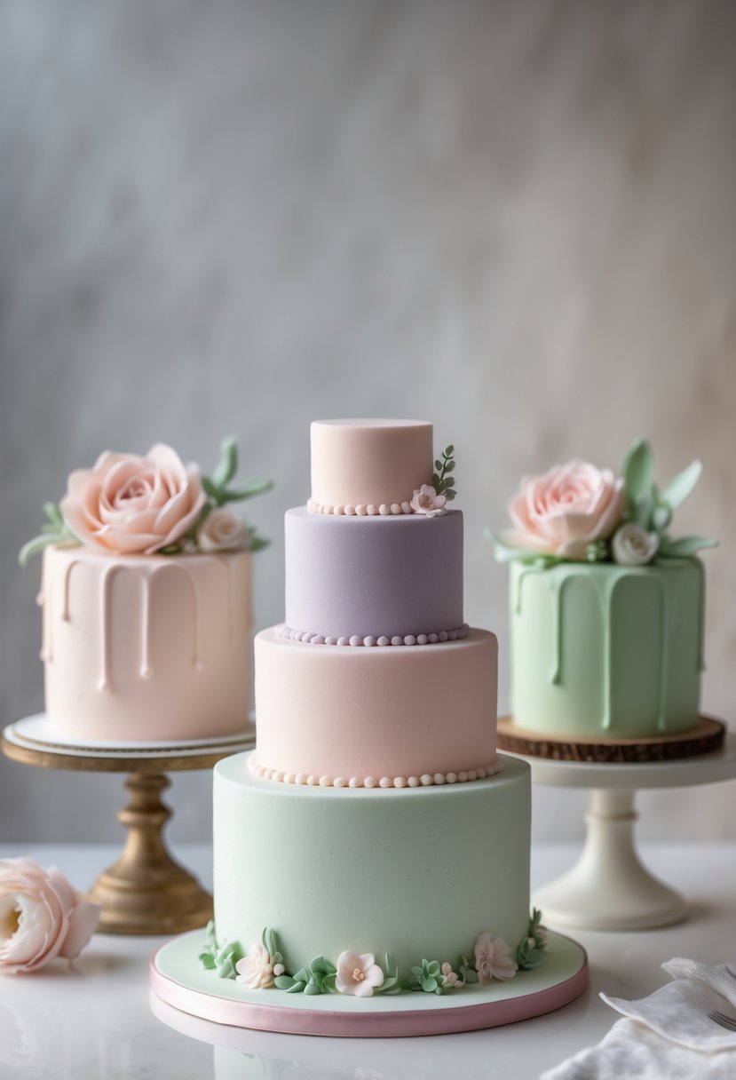 Three small wedding cakes in pastel colors arranged together on a white surface.