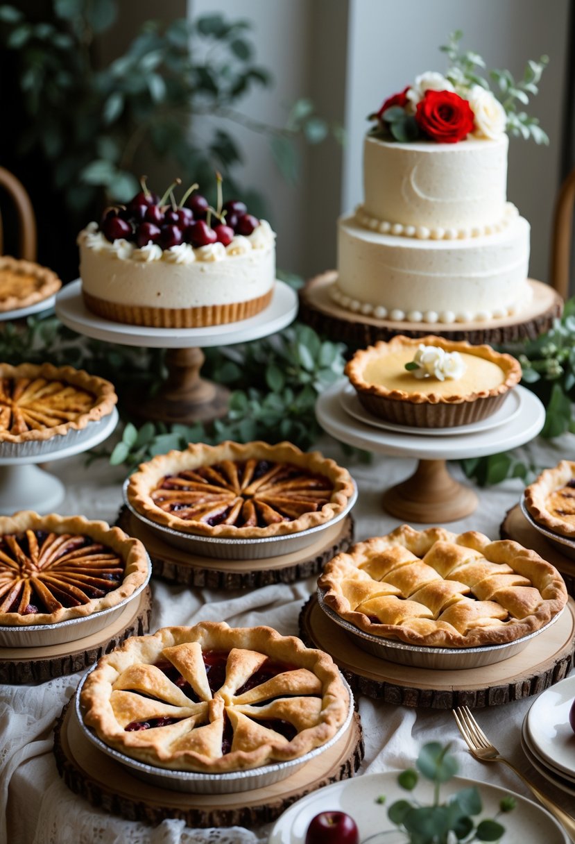 A dessert table with various homemade pies and simple wedding cakes arranged on wooden platters and cake stands.
