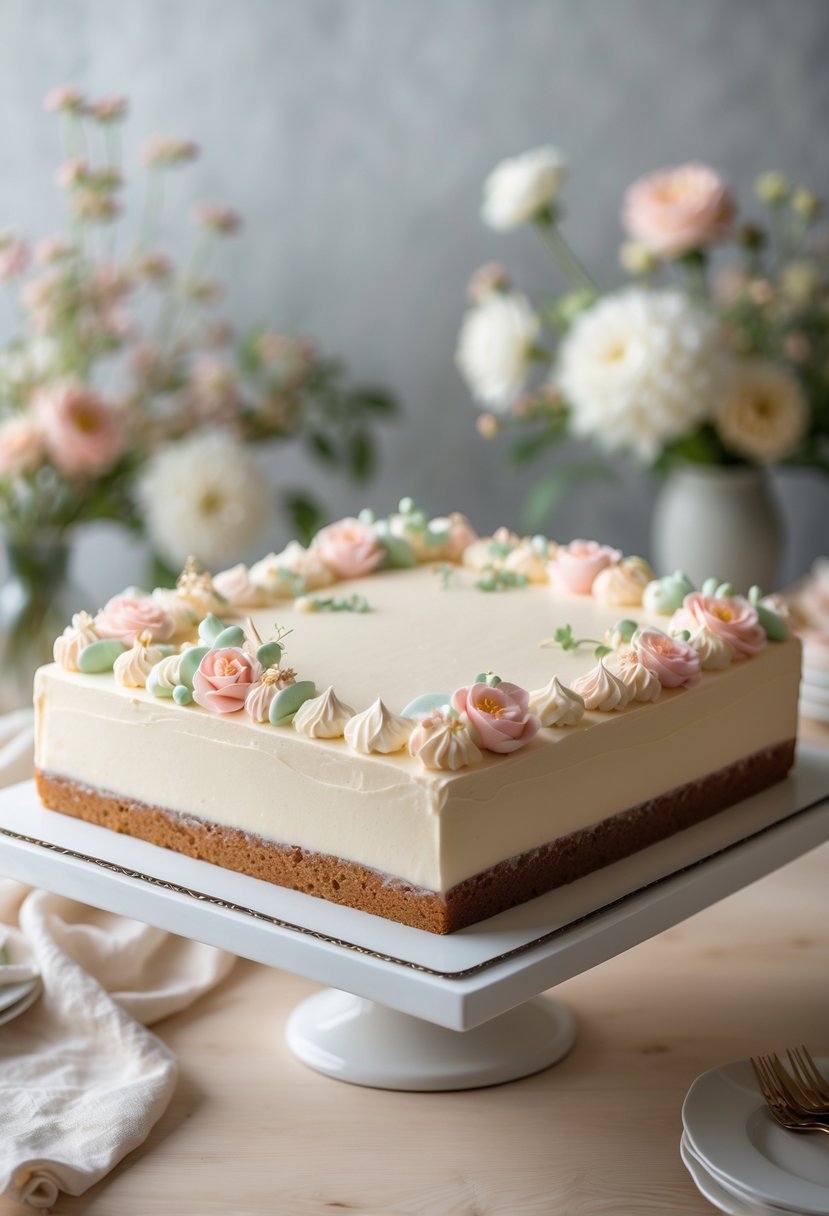 A decorated rectangular wedding sheet cake with pastel-colored icing and floral decorations on a white cake stand on a wooden table.