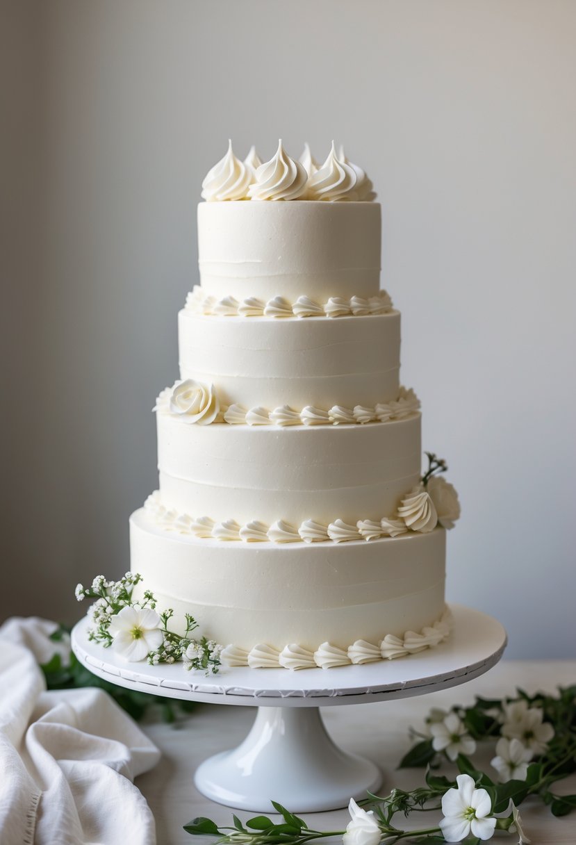A multi-tiered white buttercream wedding cake with piped decorative details on a white cake stand surrounded by small flowers and greenery.