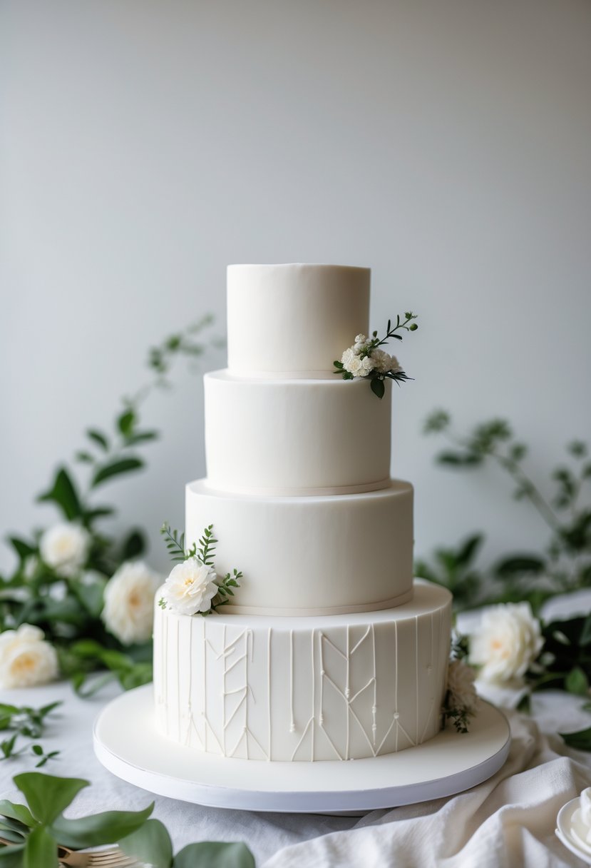 A multi-tiered white fondant wedding cake with simple decorations on a clean surface.