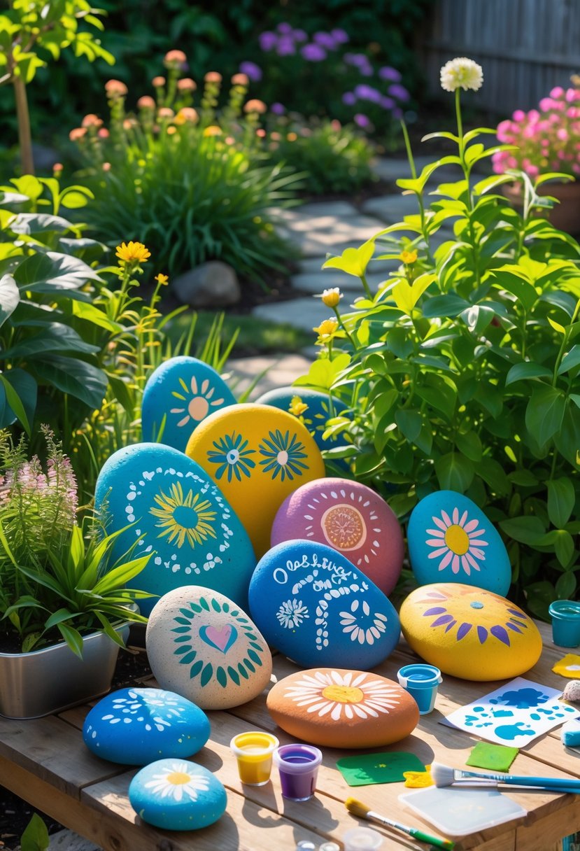 A garden with colorful painted rocks arranged among green plants and flowers, alongside craft supplies on a wooden table.