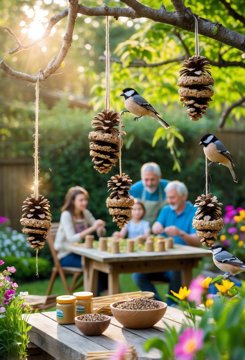 A family crafting pine cone bird feeders in a sunny garden with bird feeders hanging from tree branches and birds nearby.