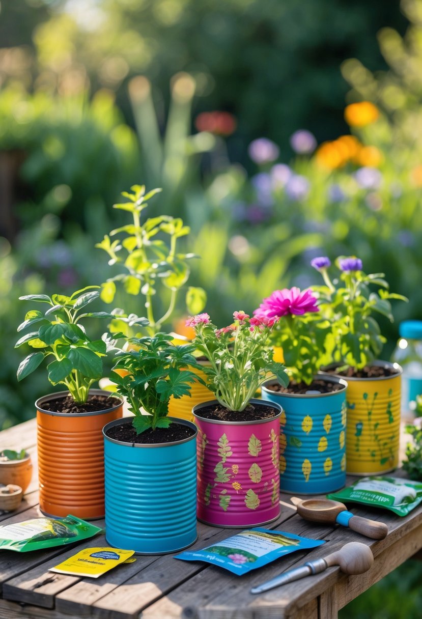 A collection of colorful tin cans used as planters filled with green plants and flowers on a wooden table outdoors with gardening tools nearby.