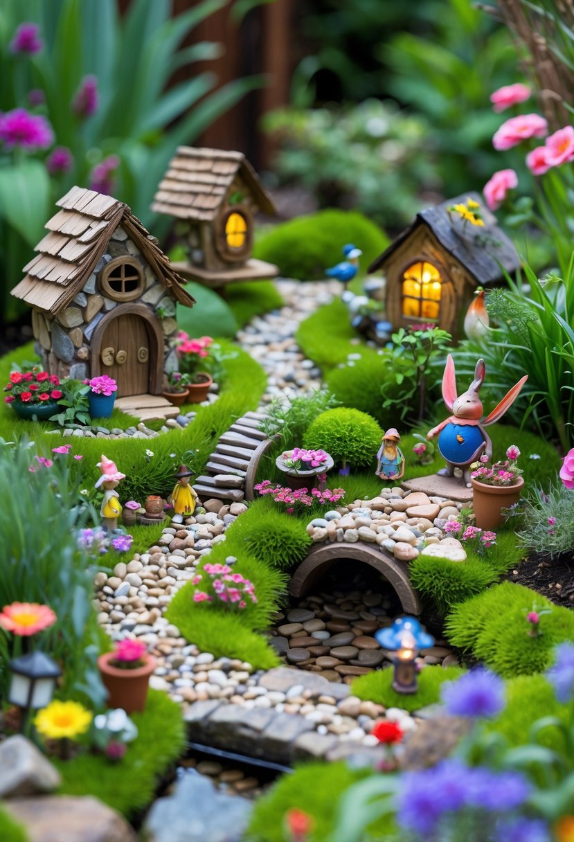 A colorful fairy garden with miniature houses, tiny bridges, small flower pots, and miniature garden decorations surrounded by green plants and blooming flowers.