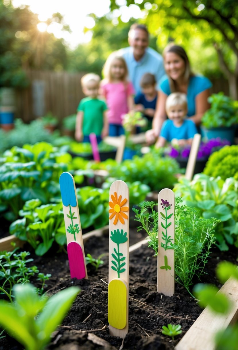 Homemade decorated popsicle stick garden markers placed in soil among growing herbs and vegetables, with a family gardening together in the background.