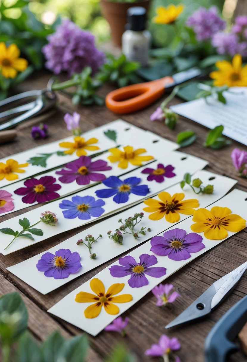 A collection of pressed flower bookmarks arranged on a wooden table with gardening tools and fresh flowers nearby.