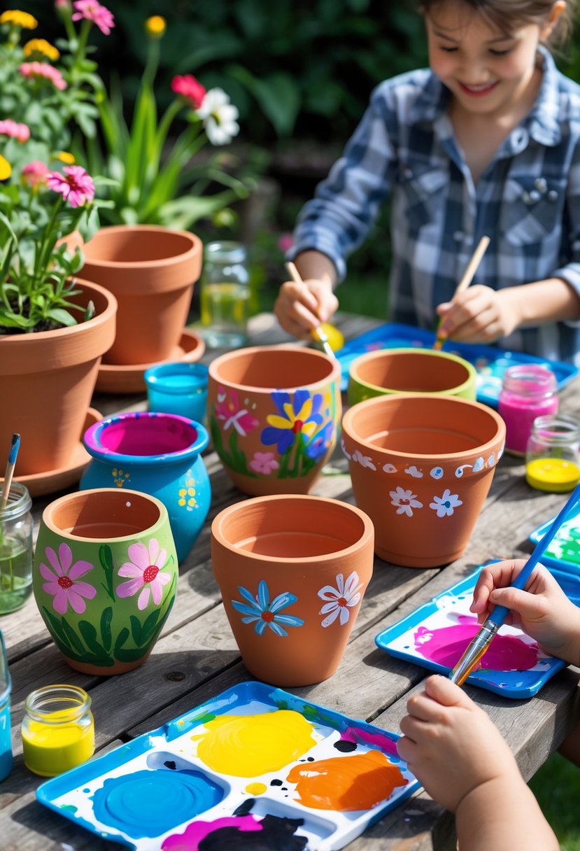 People painting terracotta pots with colorful acrylic paints outdoors in a garden setting.