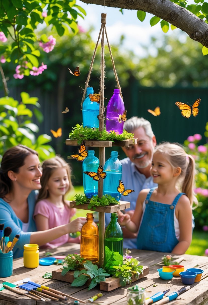 A family building a butterfly feeder from recycled materials in a sunny garden surrounded by flowers and butterflies.