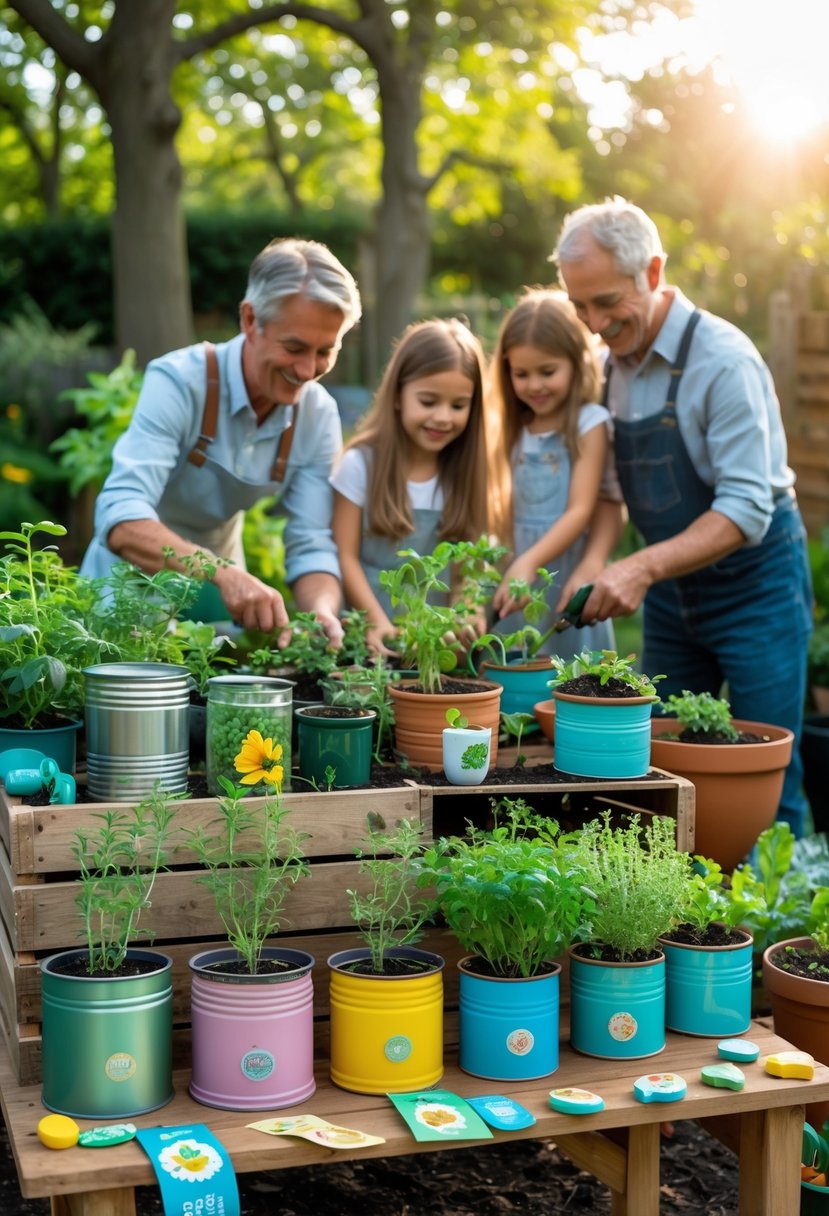 A family planting an herb garden using reused containers outdoors, surrounded by green plants and gardening tools.