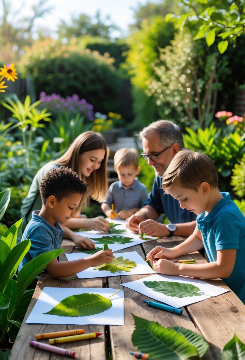 A family making leaf rubbings together outdoors at a wooden table surrounded by plants and flowers.
