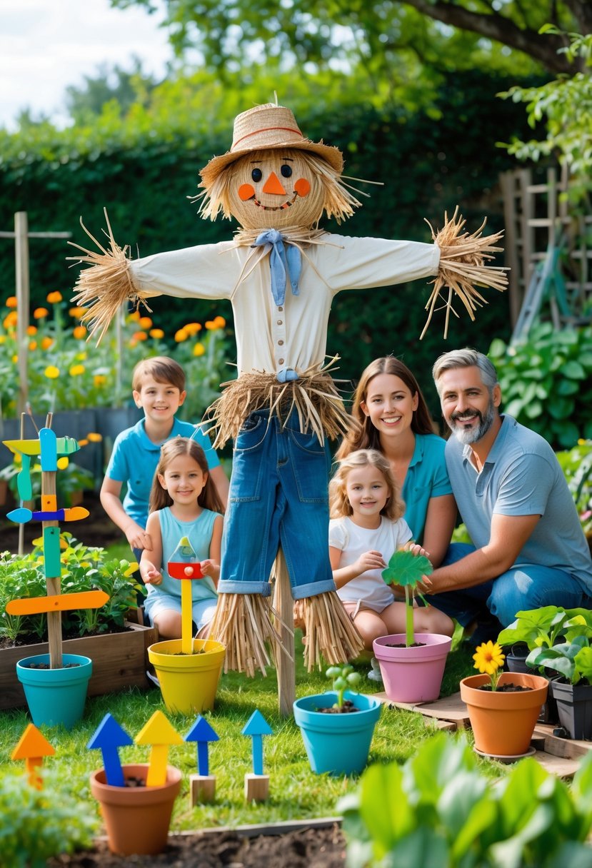 A family enjoying making a simple scarecrow and other garden crafts together in a green garden surrounded by flowers and plants.
