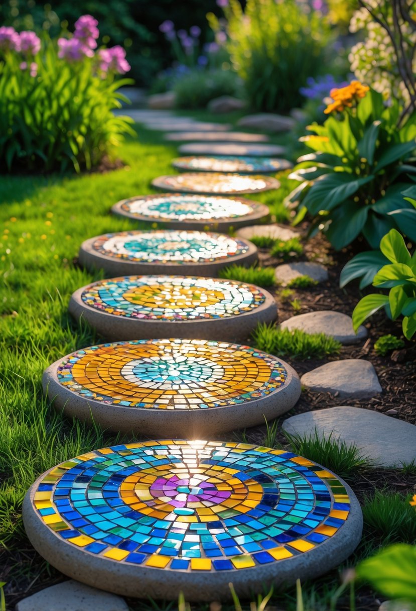 A garden pathway with stepping stones decorated with colorful mosaic tiles surrounded by grass and flowers.
