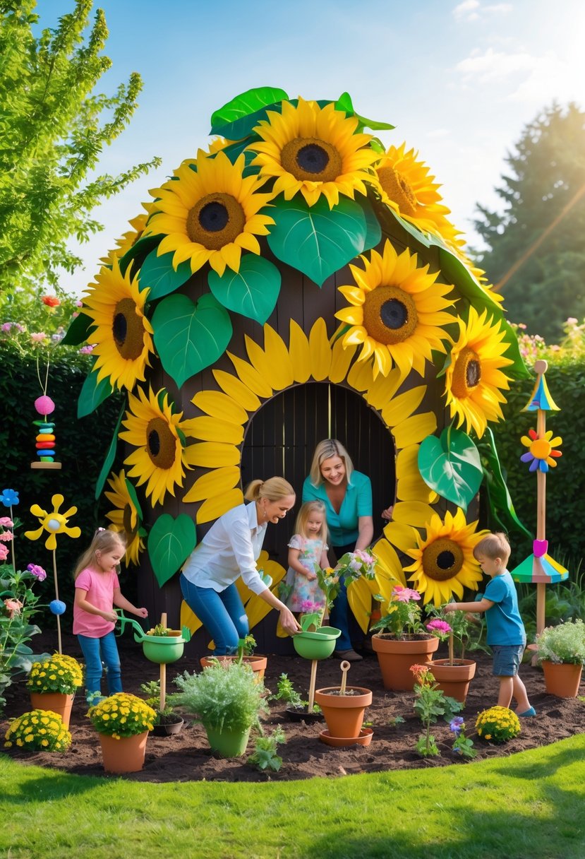 A family enjoying a garden with a sunflower-shaped house surrounded by flowers and garden crafts.