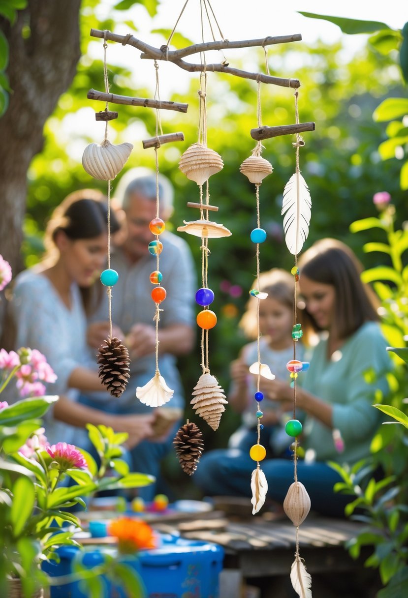 A garden scene with handmade wind chimes made from natural materials hanging among plants, with family members crafting in the background.