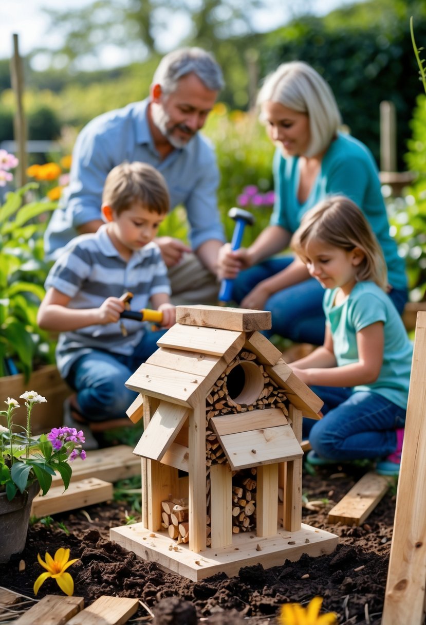 A family building a bug hotel from wooden scraps in a garden surrounded by plants and gardening tools.