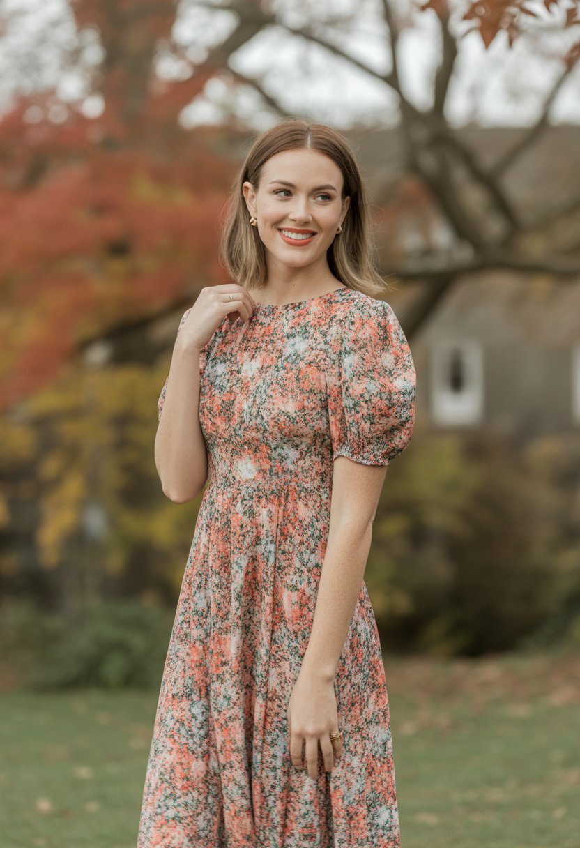A woman standing outdoors wearing a floral midi dress with puff sleeves, surrounded by autumn leaves.