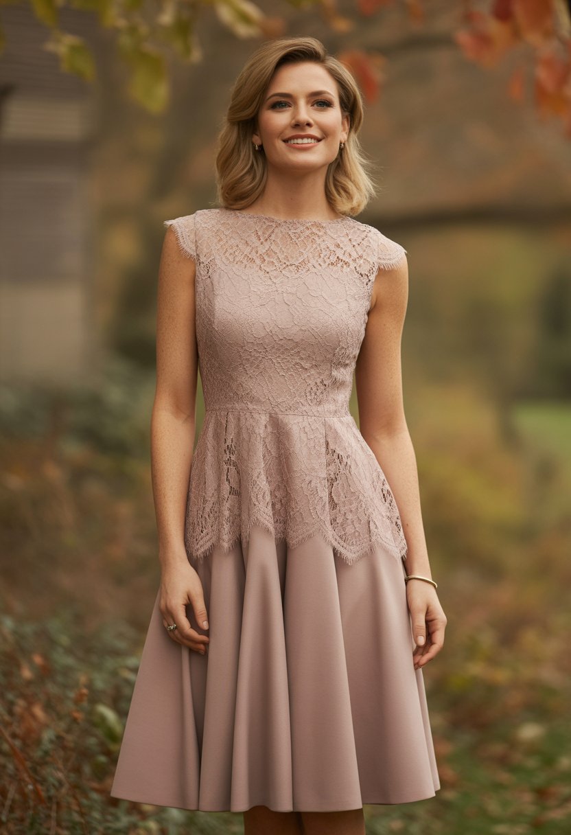 A woman standing outdoors in an autumn setting wearing a lace A-line dress, smiling gently.