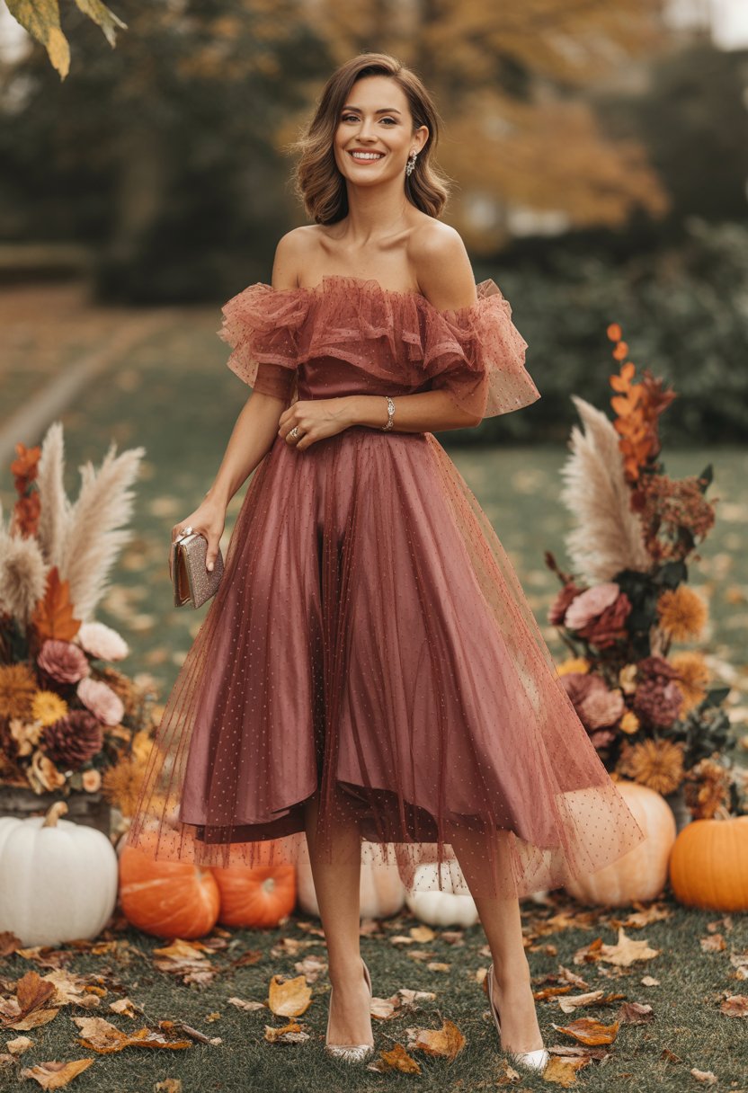 A woman in an off-shoulder ruffle dress standing outdoors surrounded by autumn leaves, smiling and holding a clutch purse.