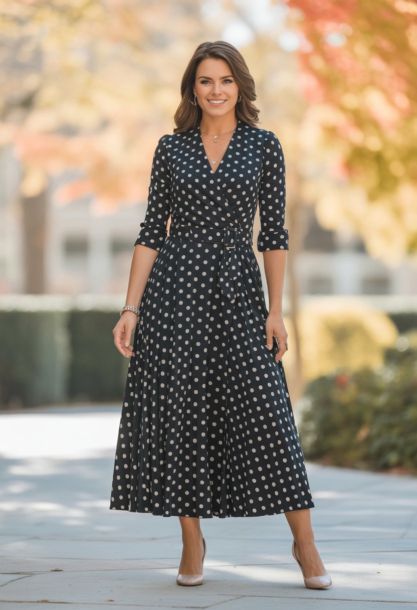 A woman standing outdoors wearing a polka dot wrap dress with a belt, surrounded by autumn foliage.