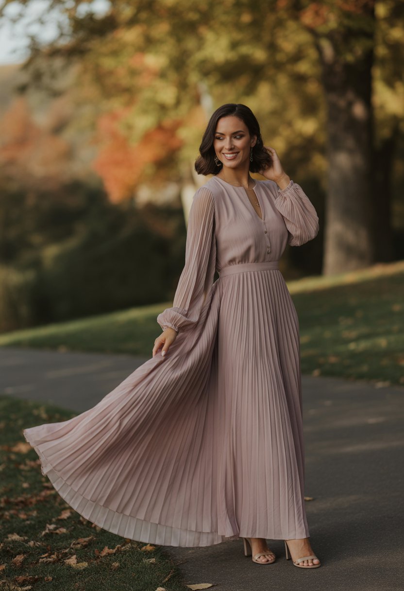 A woman standing outdoors among autumn trees, wearing a long pleated dress and smiling gently.
