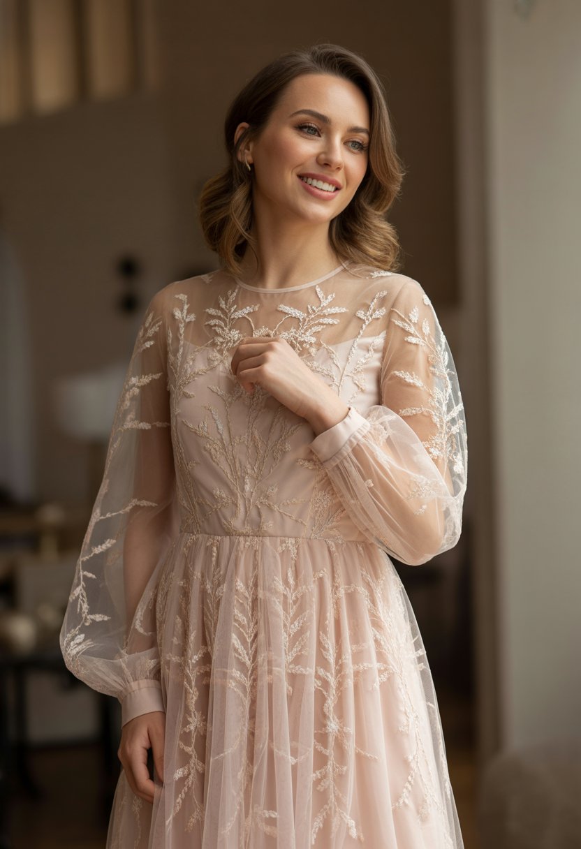 A woman wearing a long-sleeved embroidered tulle dress standing indoors with a soft, warm background.