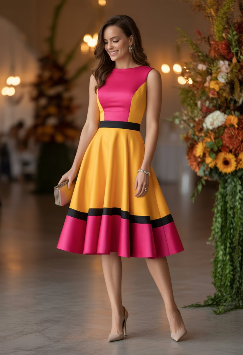 A woman wearing a colorful fit-and-flare dress stands indoors in a softly lit elegant setting.