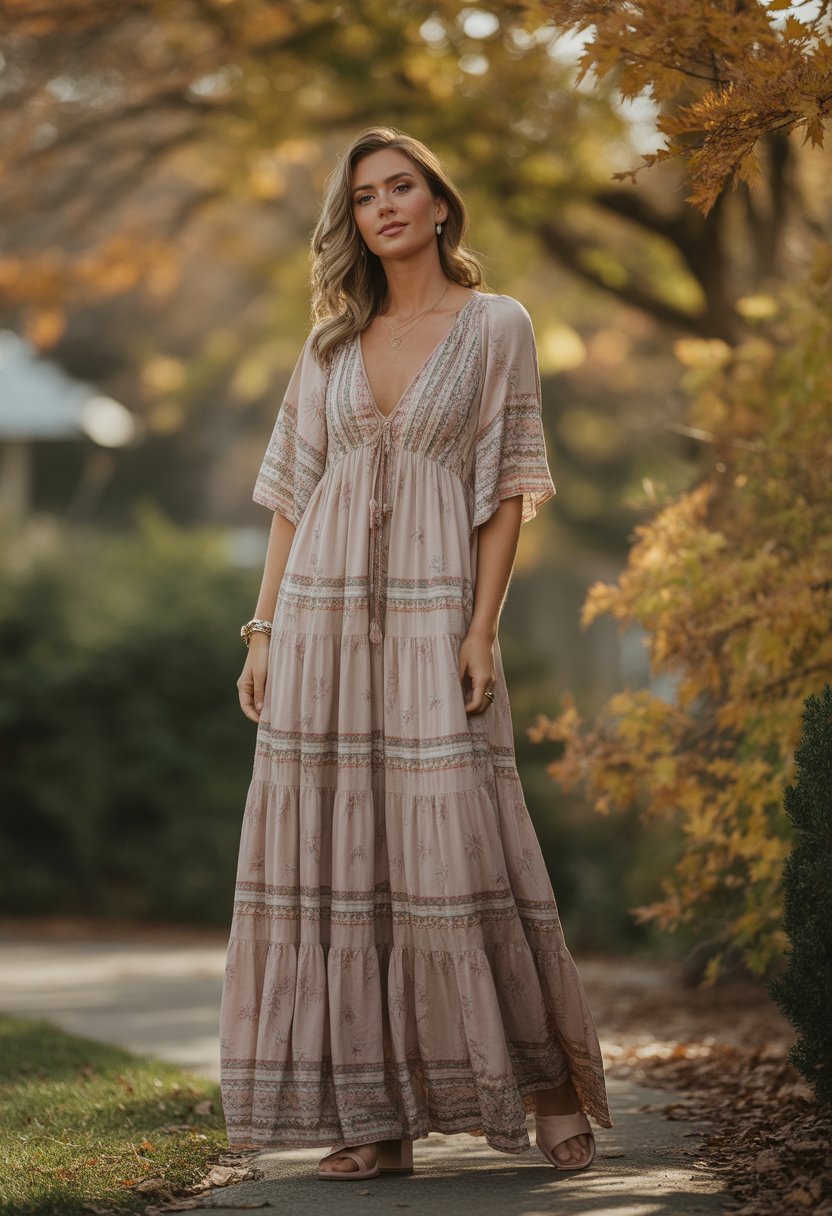 Woman standing outdoors on a pathway surrounded by autumn leaves, wearing a long flowing dress with multiple layers.