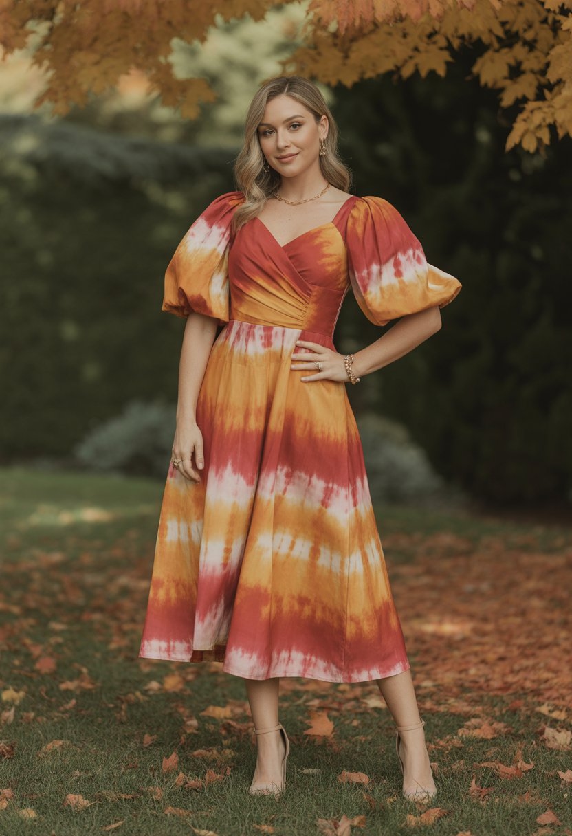 A woman stands outdoors in a garden wearing a colorful midi dress with puffed sleeves, surrounded by fallen leaves.