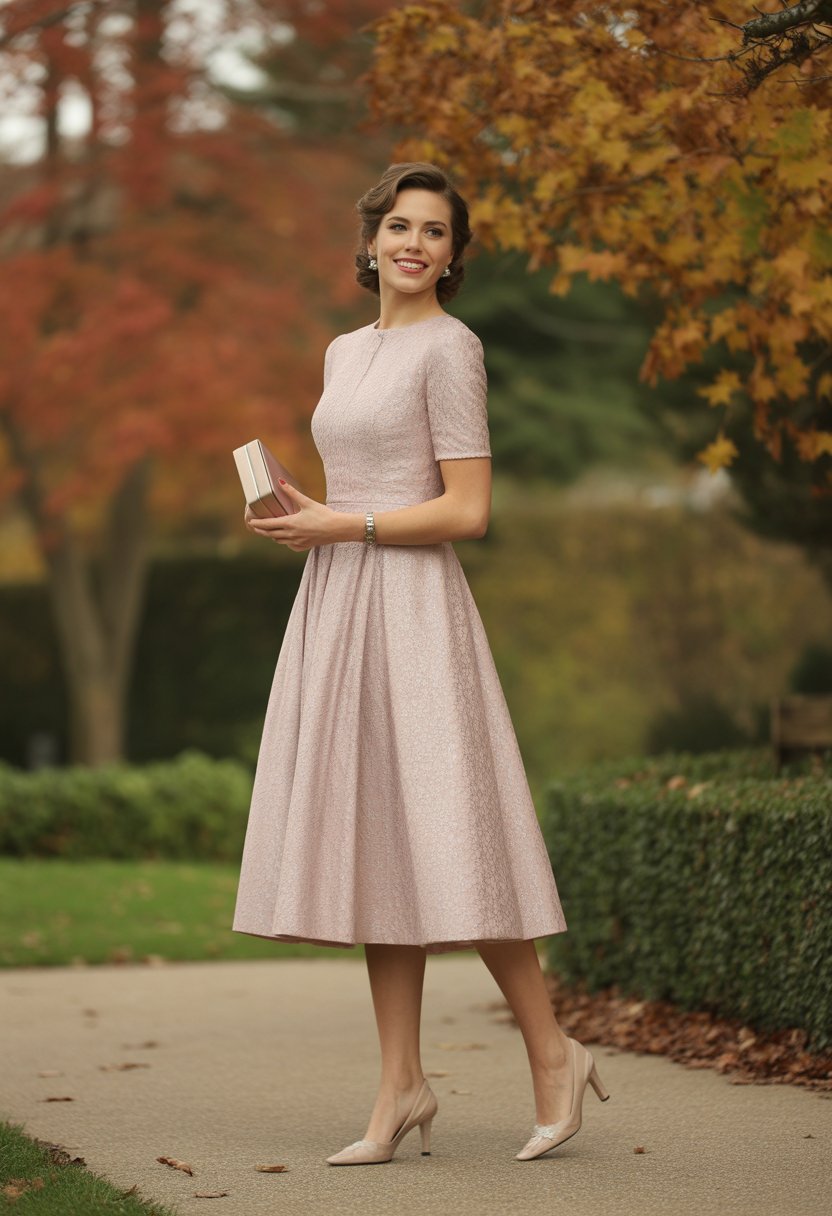 A woman standing outdoors on a garden path surrounded by autumn leaves, wearing a mid-length dress and holding a clutch purse.