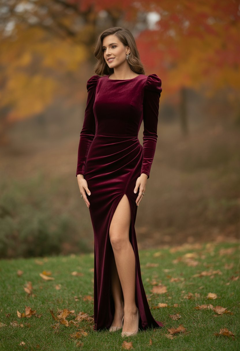A woman in a burgundy velvet dress with a side slit standing outdoors among autumn leaves.